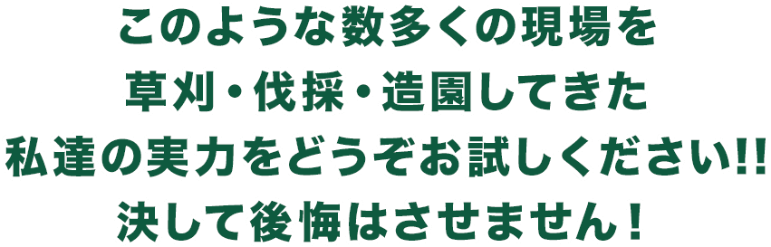 このような数多くの現場を草刈・伐採・造園してきた私達の実力をどうぞお試しください!! 決して後悔はさせません！